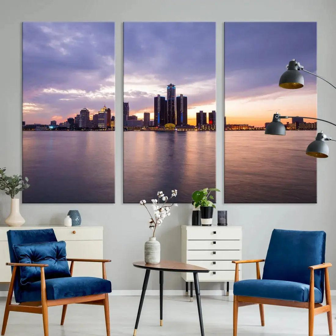 Wonderful Detroit Skyline Sunset Purple Cloudy Sky Wall Art Canvas Print