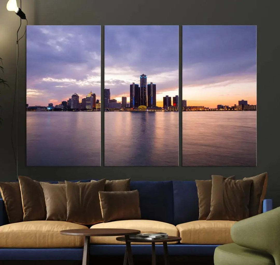 Wonderful Detroit Skyline Sunset Purple Cloudy Sky Wall Art Canvas Print