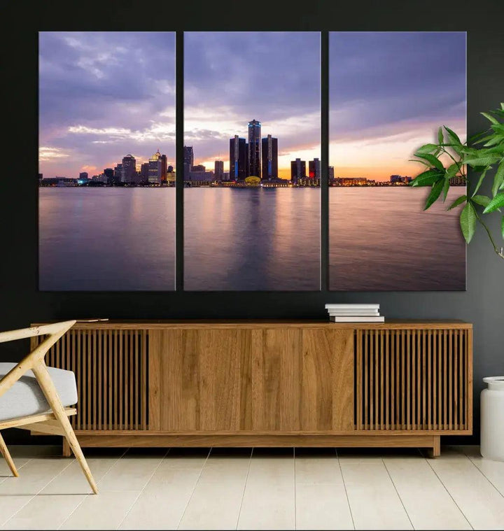 Wonderful Detroit Skyline Sunset Purple Cloudy Sky Wall Art Canvas Print