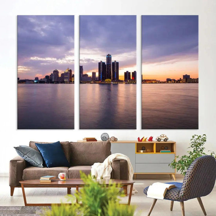 Wonderful Detroit Skyline Sunset Purple Cloudy Sky Wall Art Canvas Print