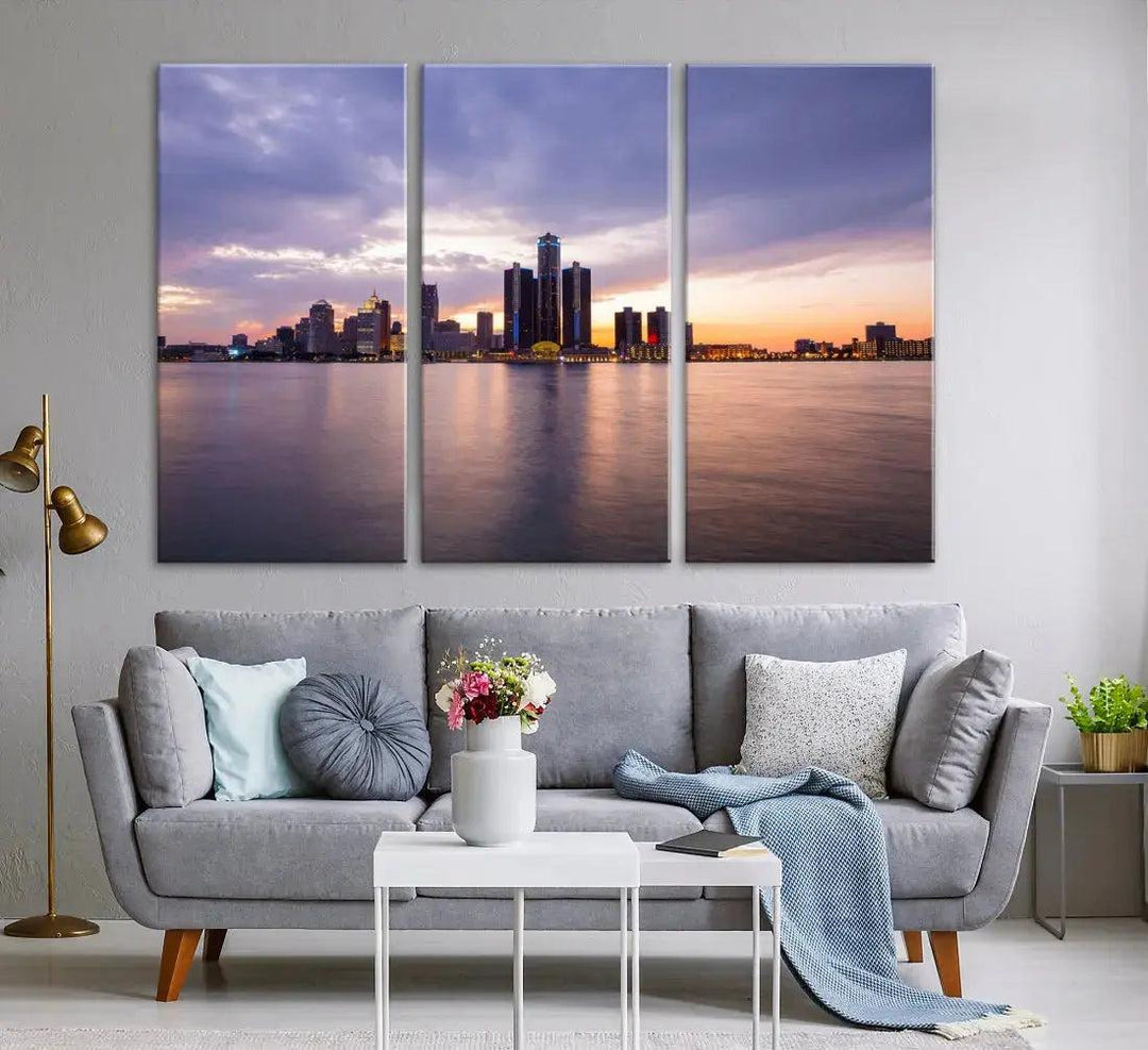 Wonderful Detroit Skyline Sunset Purple Cloudy Sky Wall Art Canvas Print