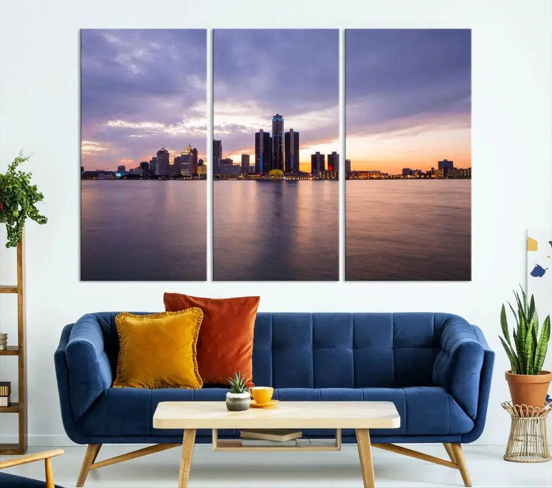 Wonderful Detroit Skyline Sunset Purple Cloudy Sky Wall Art Canvas Print