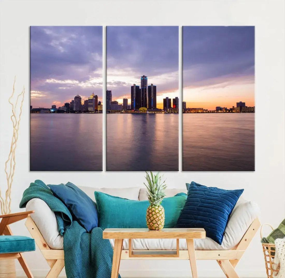 Wonderful Detroit Skyline Sunset Purple Cloudy Sky Wall Art Canvas Print