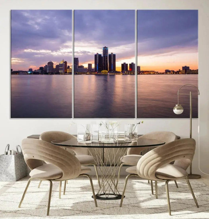 Wonderful Detroit Skyline Sunset Purple Cloudy Sky Wall Art Canvas Print