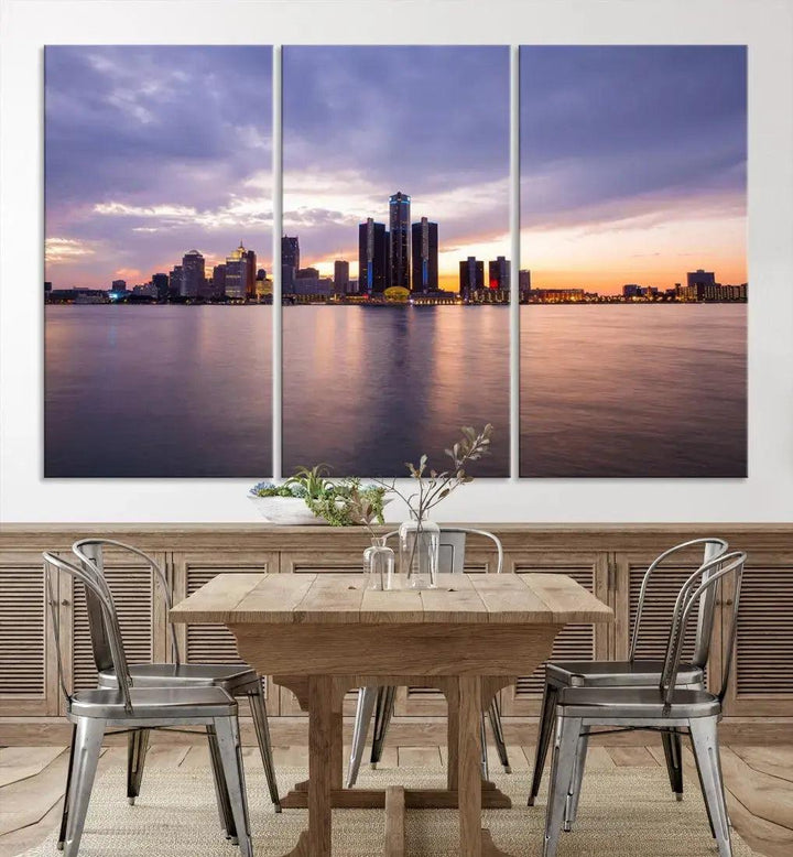 Wonderful Detroit Skyline Sunset Purple Cloudy Sky Wall Art Canvas Print