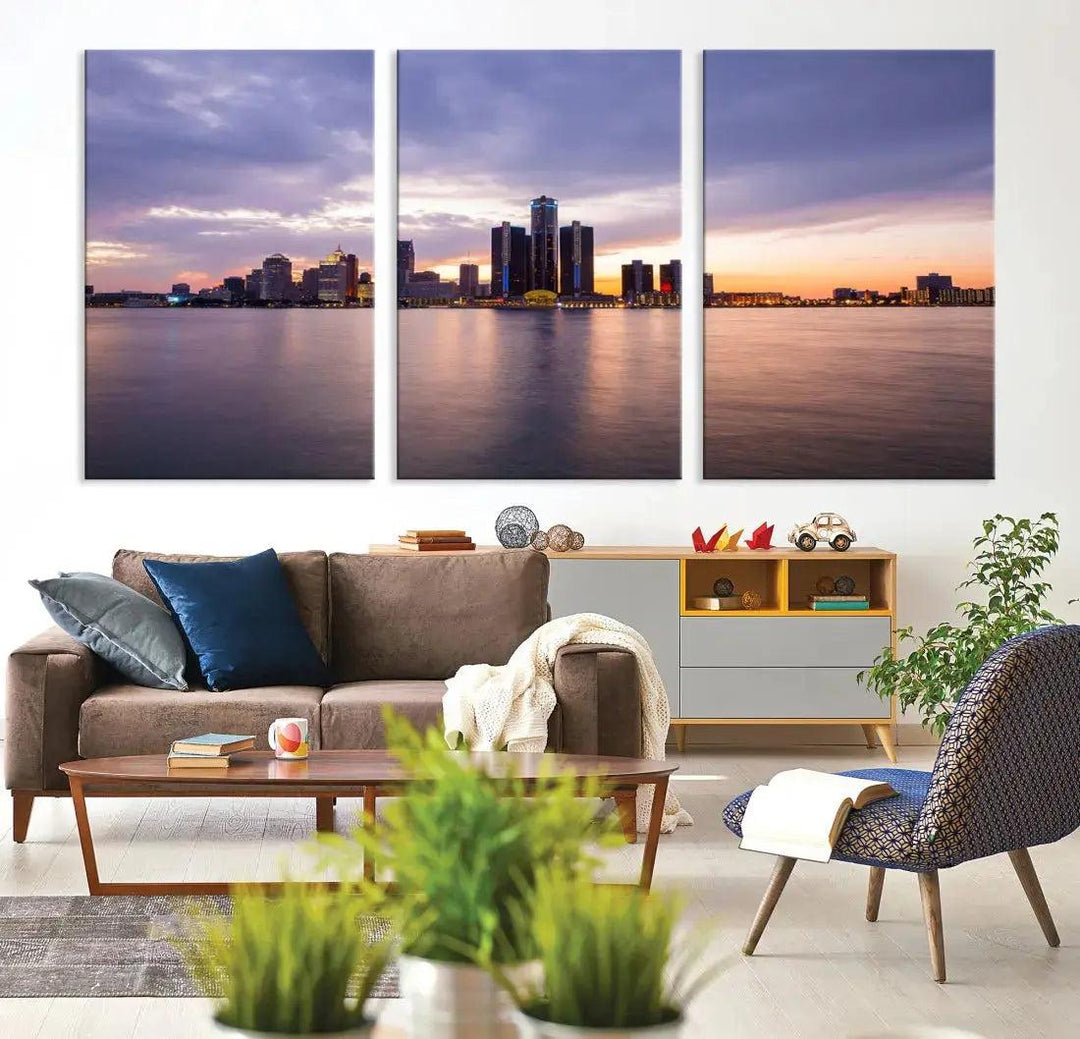 Wonderful Detroit Skyline Sunset Purple Cloudy Sky Wall Art Canvas Print