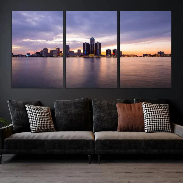 Wonderful Detroit Skyline Sunset Purple Cloudy Sky Wall Art Canvas Print