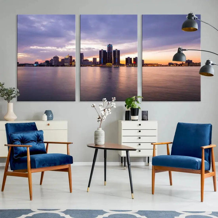 Wonderful Detroit Skyline Sunset Purple Cloudy Sky Wall Art Canvas Print