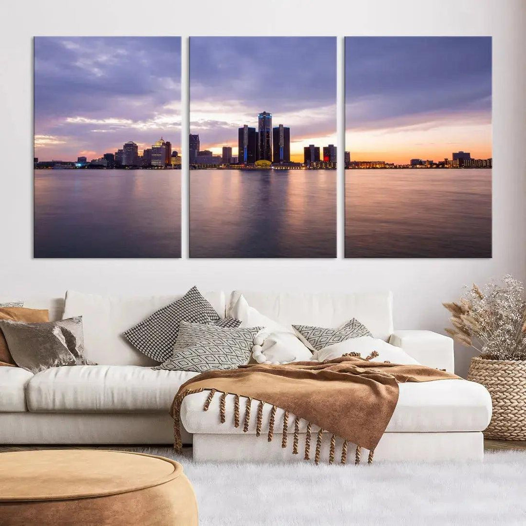 Wonderful Detroit Skyline Sunset Purple Cloudy Sky Wall Art Canvas Print