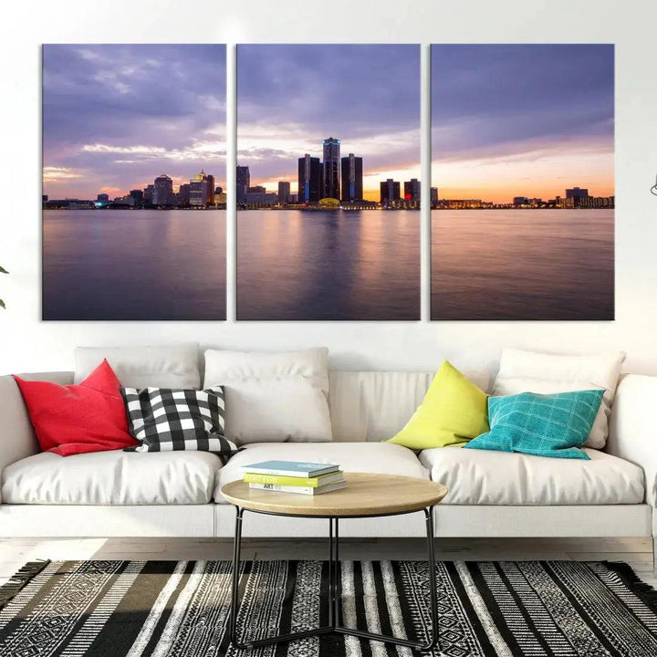 Wonderful Detroit Skyline Sunset Purple Cloudy Sky Wall Art Canvas Print