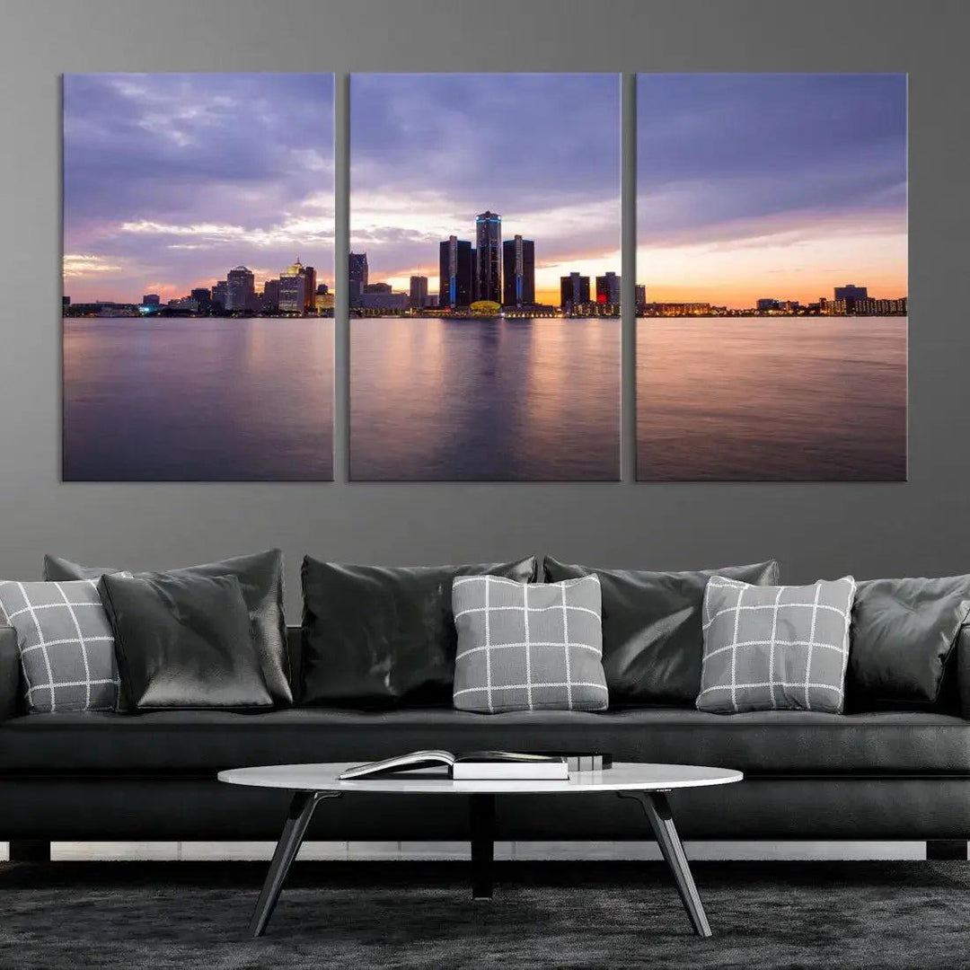 Wonderful Detroit Skyline Sunset Purple Cloudy Sky Wall Art Canvas Print