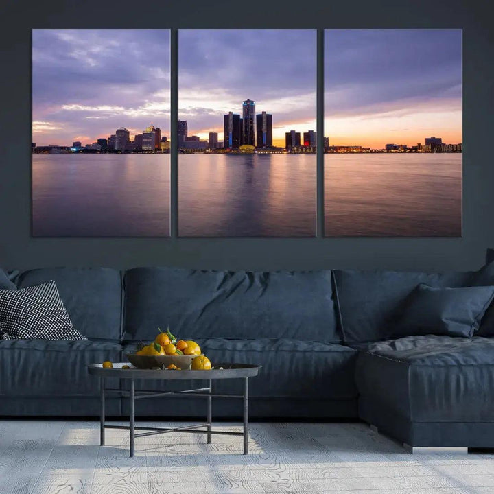 Wonderful Detroit Skyline Sunset Purple Cloudy Sky Wall Art Canvas Print