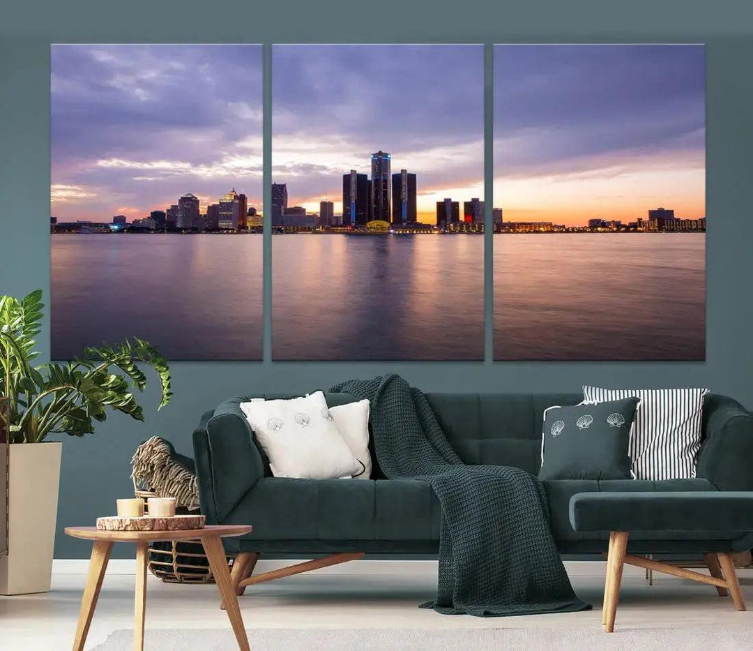 Wonderful Detroit Skyline Sunset Purple Cloudy Sky Wall Art Canvas Print