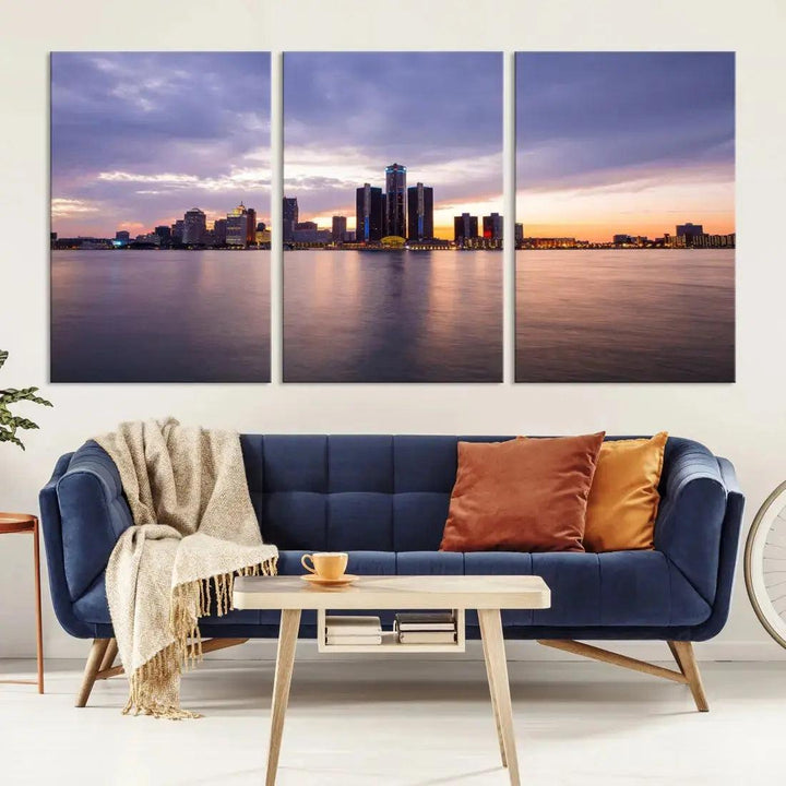 Wonderful Detroit Skyline Sunset Purple Cloudy Sky Wall Art Canvas Print