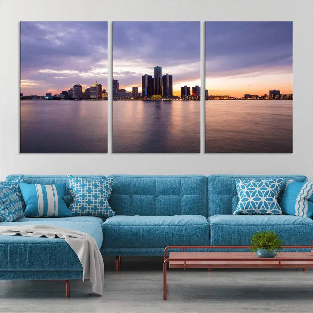 Wonderful Detroit Skyline Sunset Purple Cloudy Sky Wall Art Canvas Print