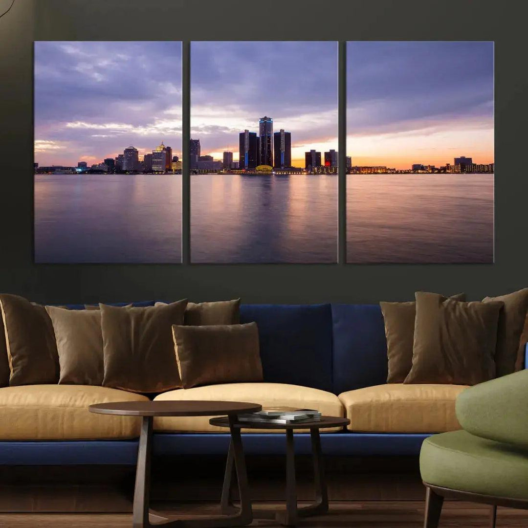 Wonderful Detroit Skyline Sunset Purple Cloudy Sky Wall Art Canvas Print