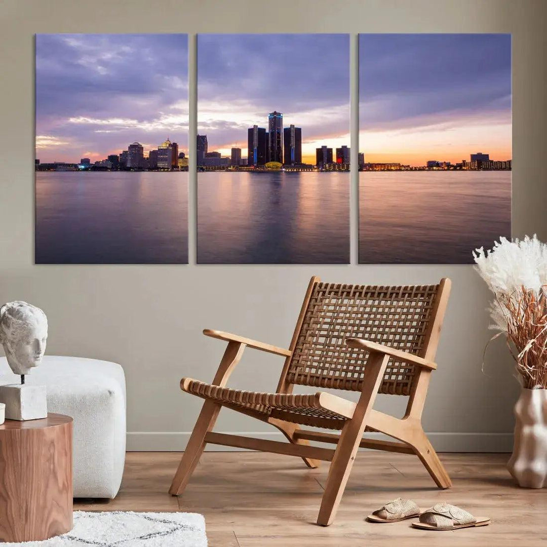 Wonderful Detroit Skyline Sunset Purple Cloudy Sky Wall Art Canvas Print