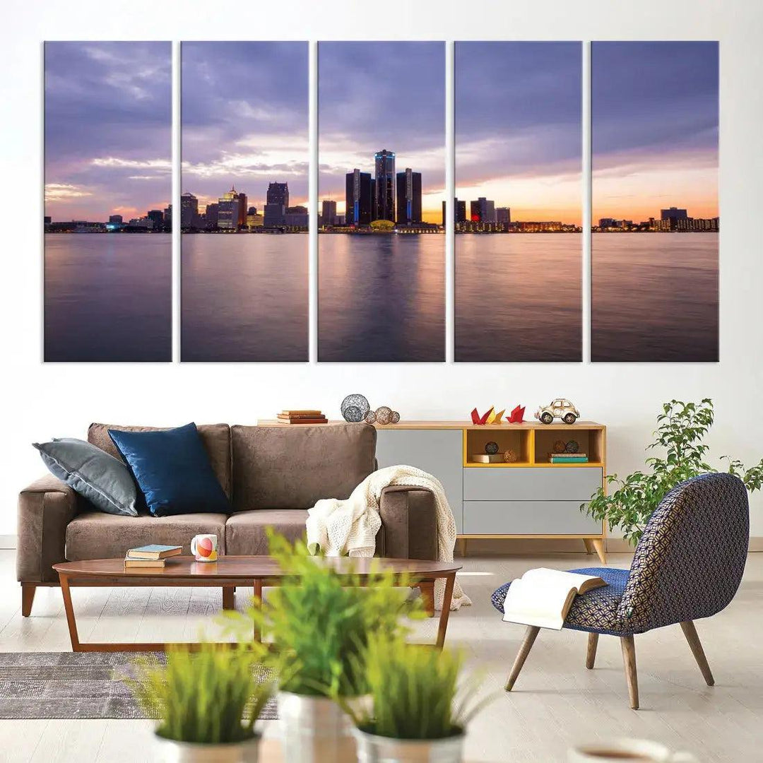 Wonderful Detroit Skyline Sunset Purple Cloudy Sky Wall Art Canvas Print