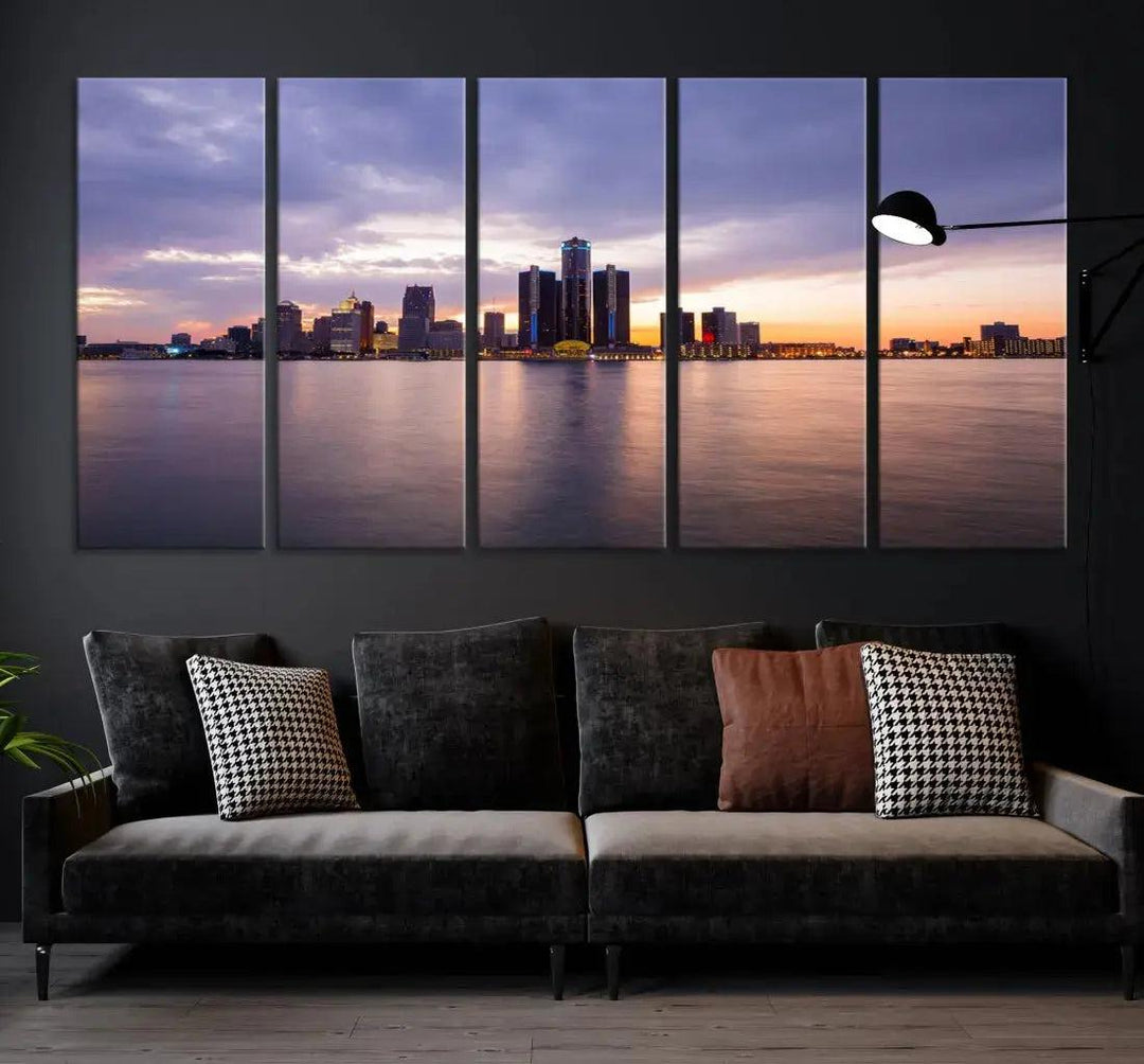 Wonderful Detroit Skyline Sunset Purple Cloudy Sky Wall Art Canvas Print