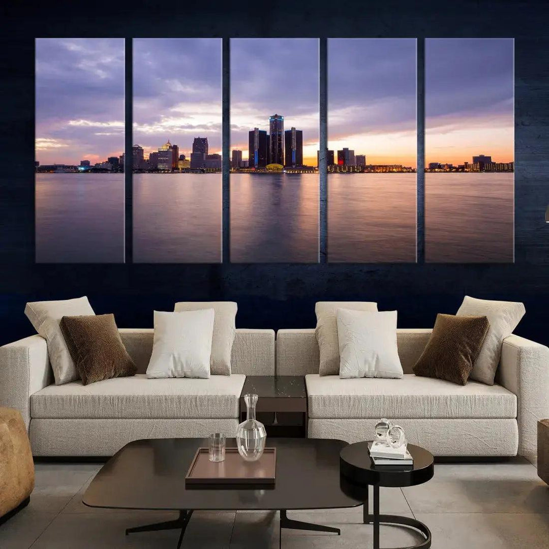 Wonderful Detroit Skyline Sunset Purple Cloudy Sky Wall Art Canvas Print