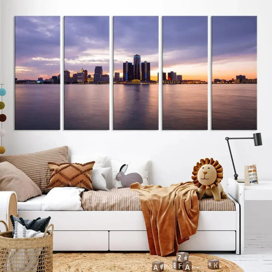 Wonderful Detroit Skyline Sunset Purple Cloudy Sky Wall Art Canvas Print