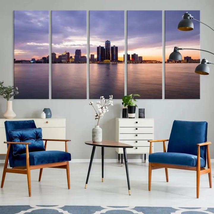 Wonderful Detroit Skyline Sunset Purple Cloudy Sky Wall Art Canvas Print