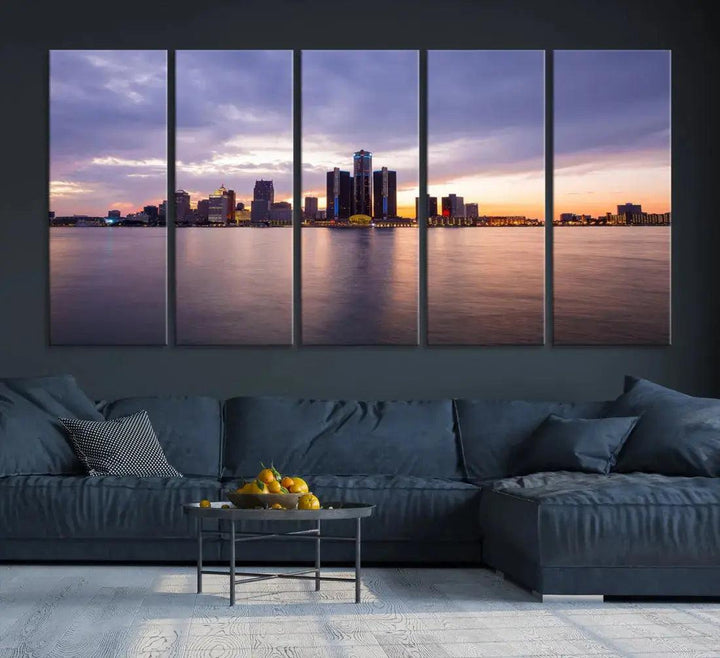 Wonderful Detroit Skyline Sunset Purple Cloudy Sky Wall Art Canvas Print