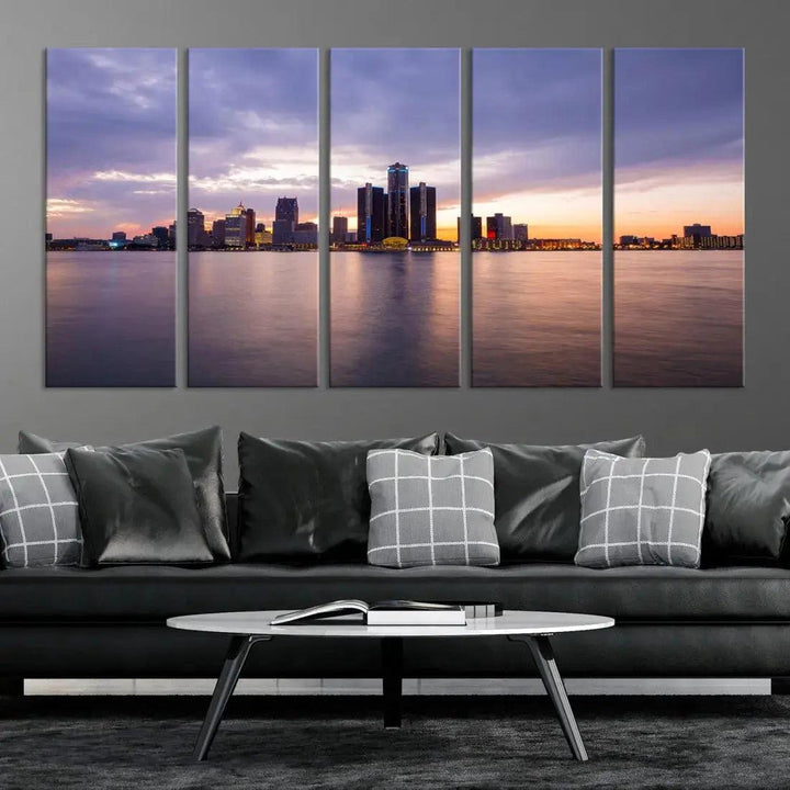 Wonderful Detroit Skyline Sunset Purple Cloudy Sky Wall Art Canvas Print