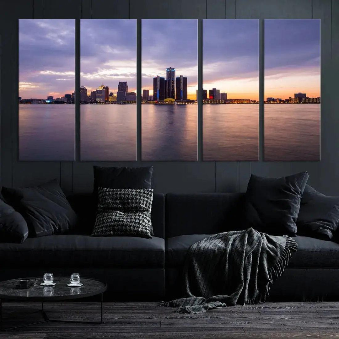 Wonderful Detroit Skyline Sunset Purple Cloudy Sky Wall Art Canvas Print