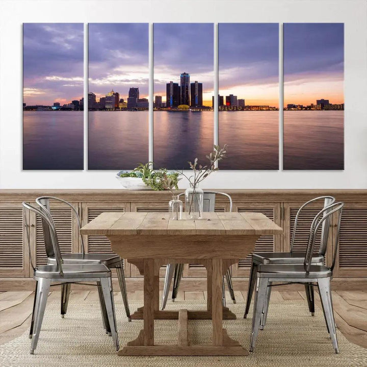 Wonderful Detroit Skyline Sunset Purple Cloudy Sky Wall Art Canvas Print