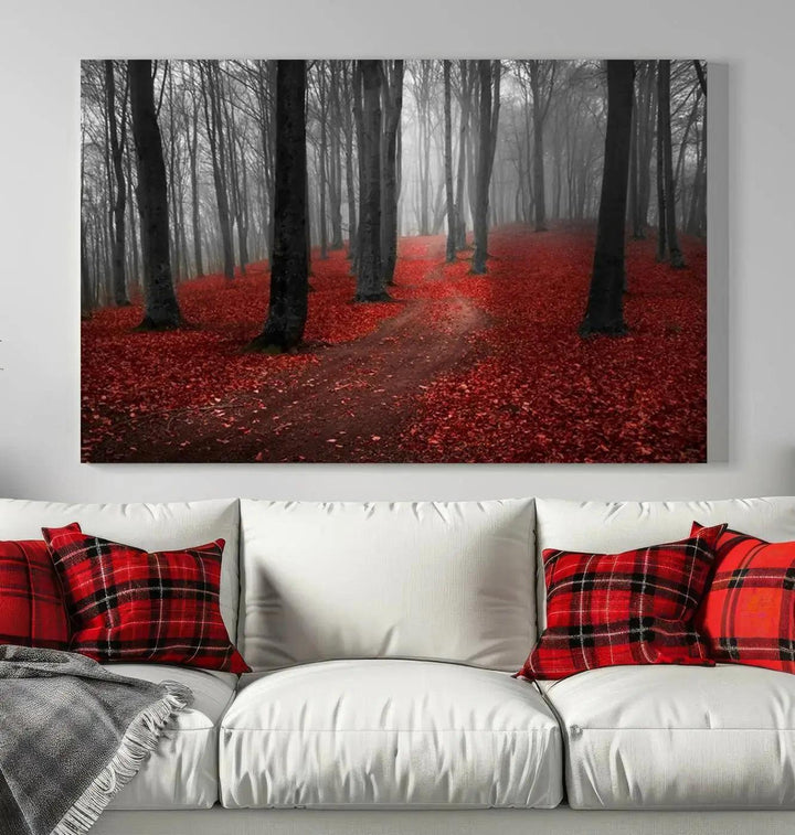 Wonderful Forest with Red Leaves on Ground Large Wall Art Landscape Canvas Print