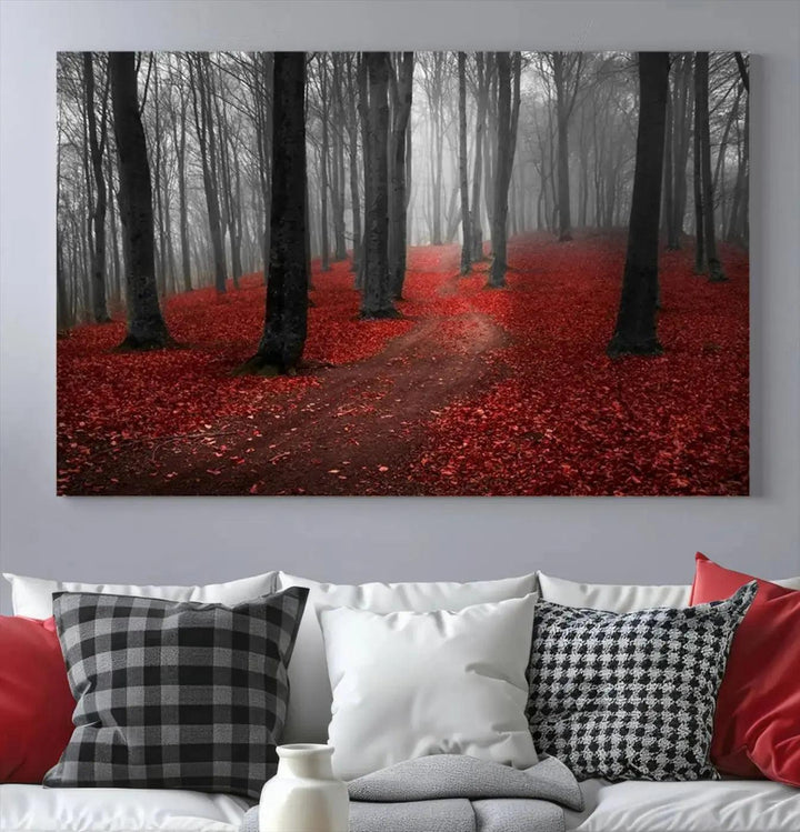 Wonderful Forest with Red Leaves on Ground Large Wall Art Landscape Canvas Print