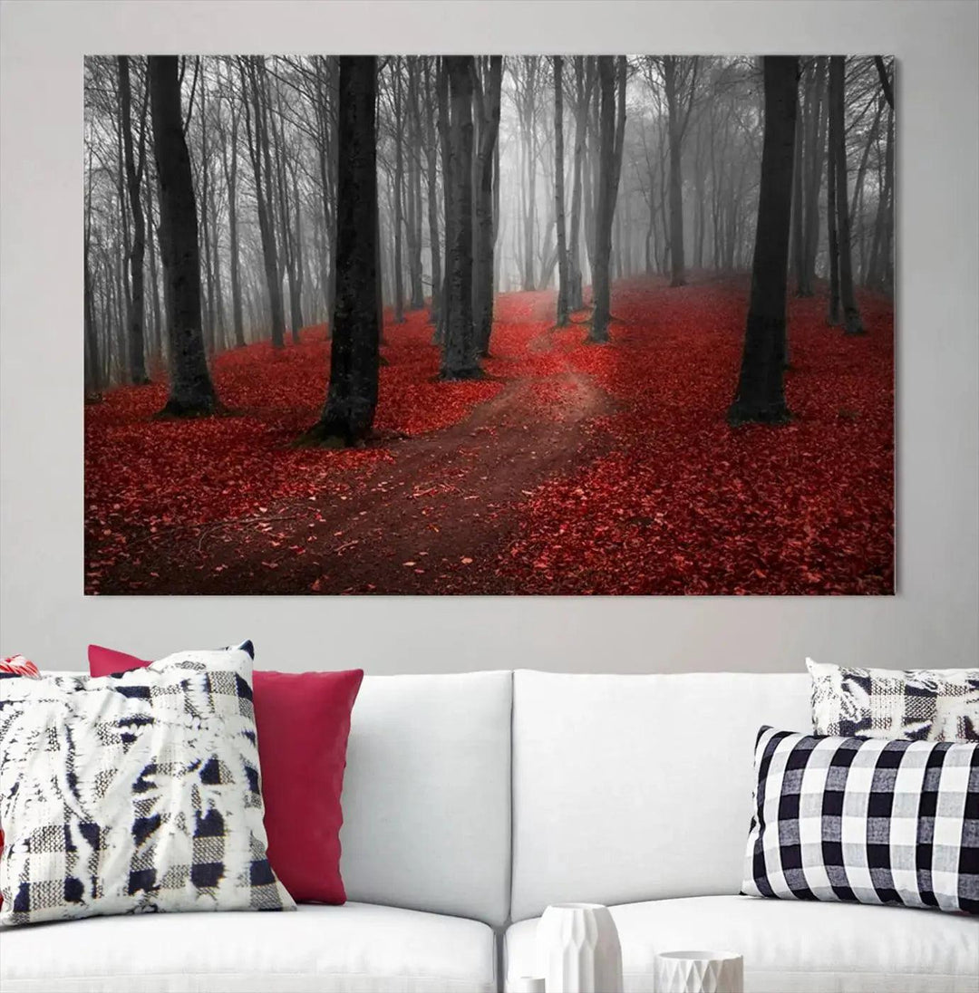 Wonderful Forest with Red Leaves on Ground Large Wall Art Landscape Canvas Print