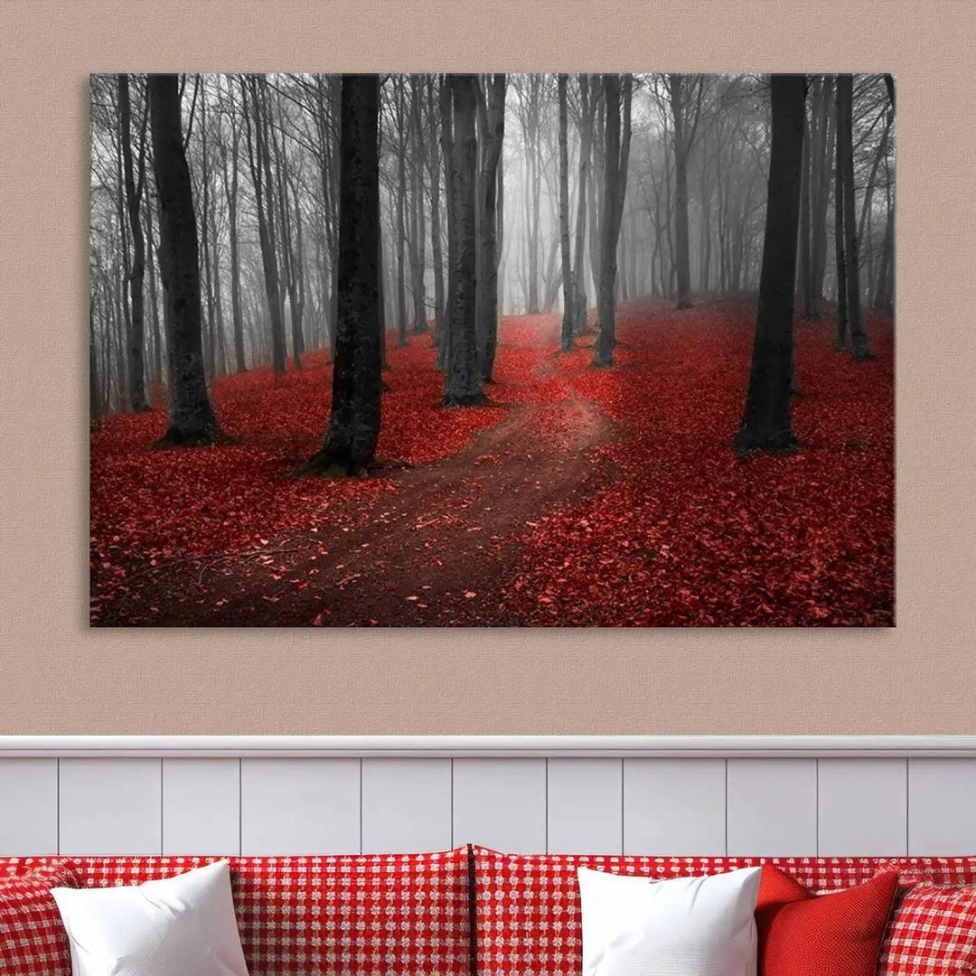 Wonderful Forest with Red Leaves on Ground Large Wall Art Landscape Canvas Print