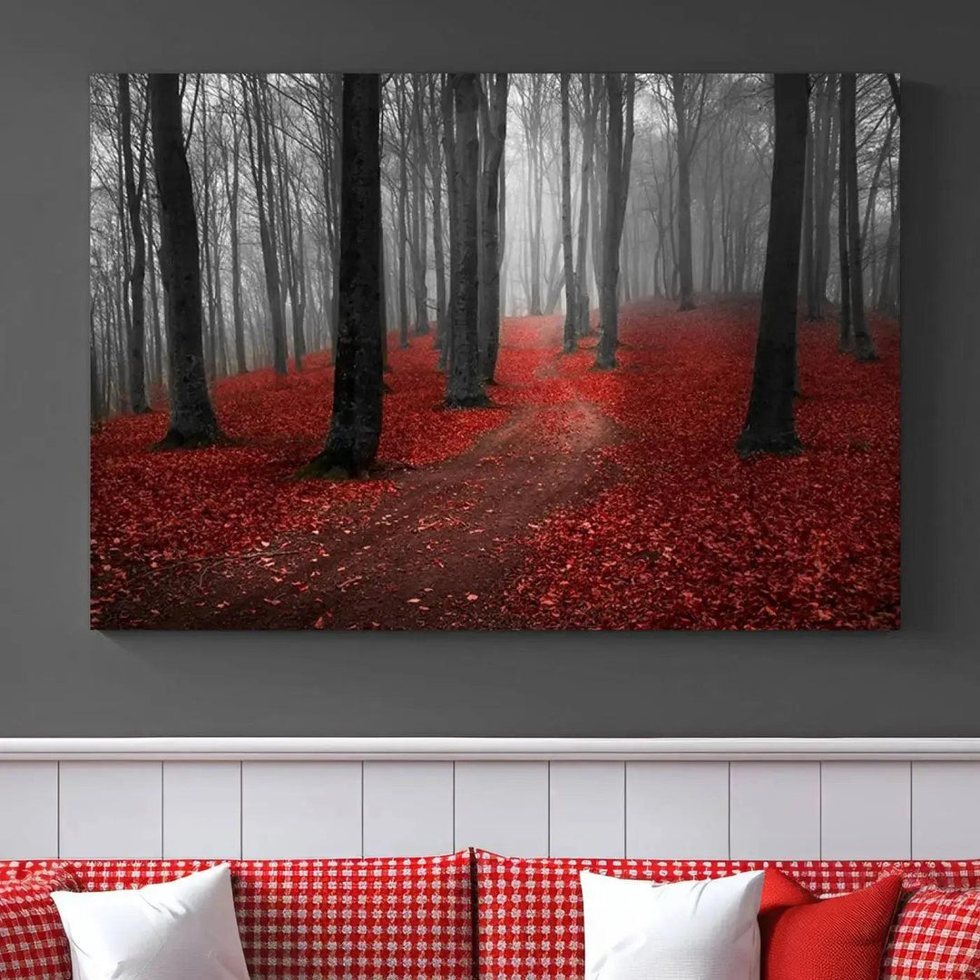 Wonderful Forest with Red Leaves on Ground Large Wall Art Landscape Canvas Print