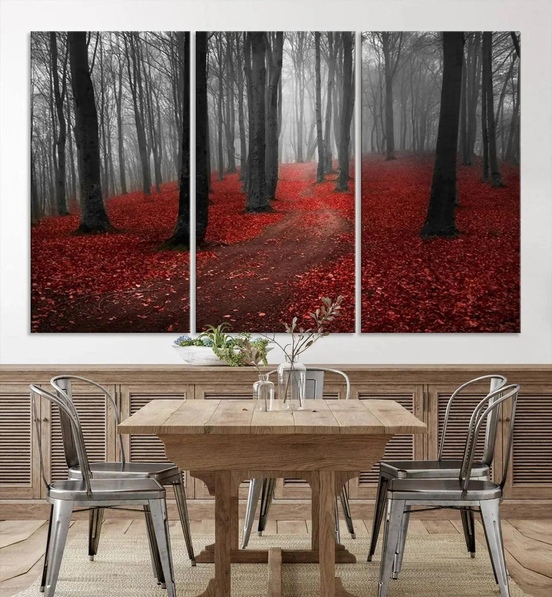 Wonderful Forest with Red Leaves on Ground Large Wall Art Landscape Canvas Print