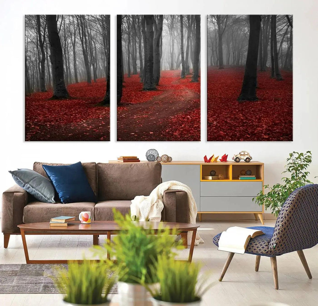 Wonderful Forest with Red Leaves on Ground Large Wall Art Landscape Canvas Print