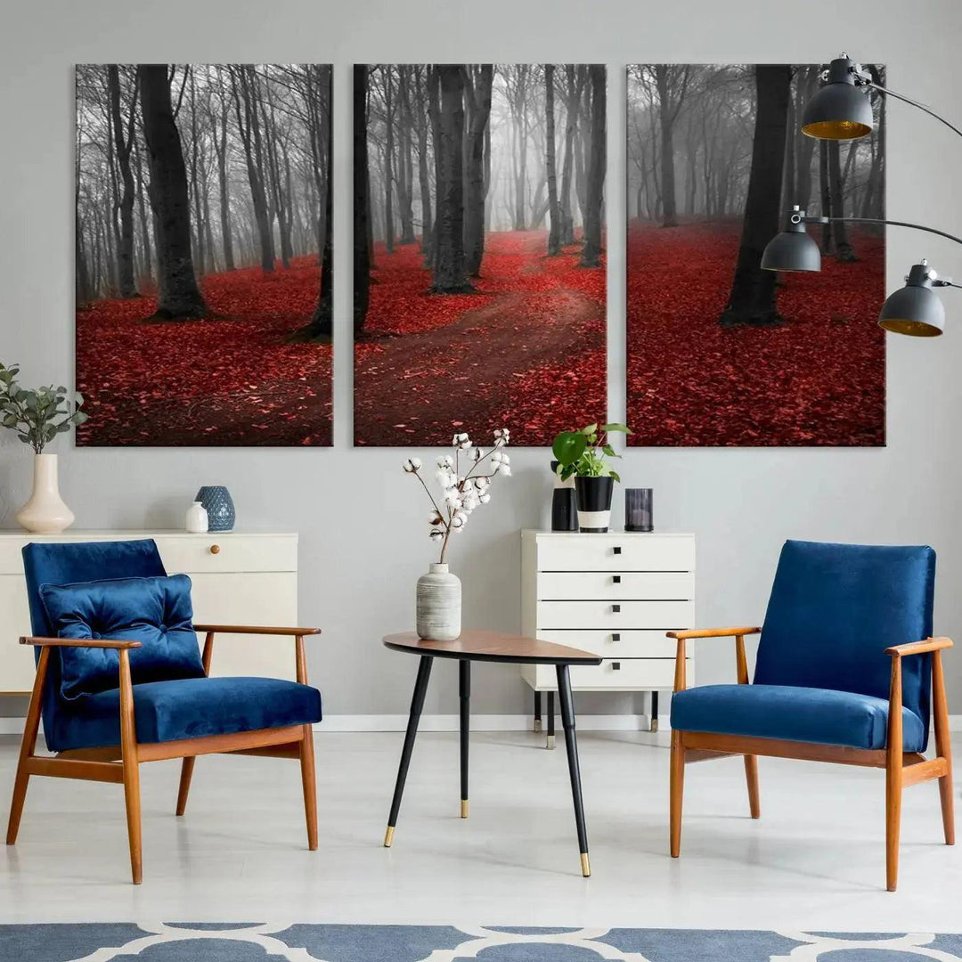 Wonderful Forest with Red Leaves on Ground Large Wall Art Landscape Canvas Print