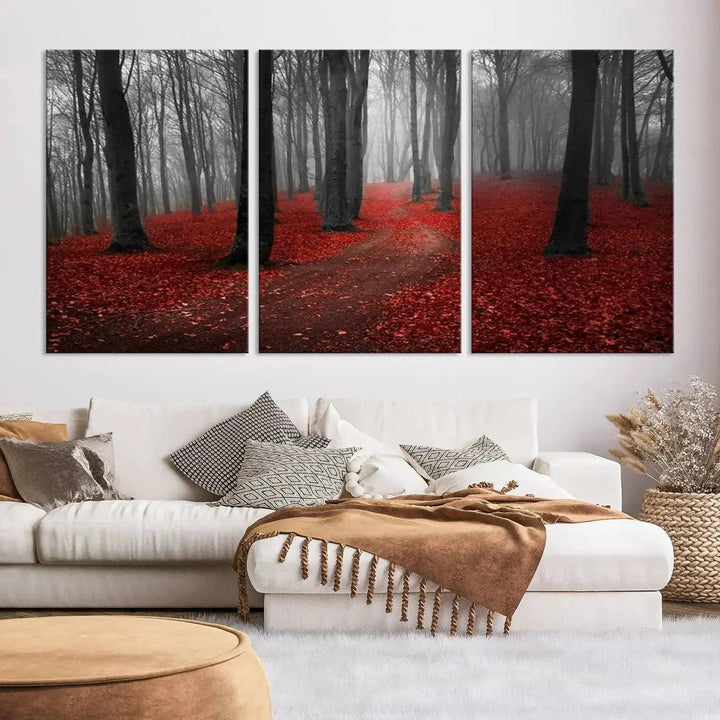 Wonderful Forest with Red Leaves on Ground Large Wall Art Landscape Canvas Print