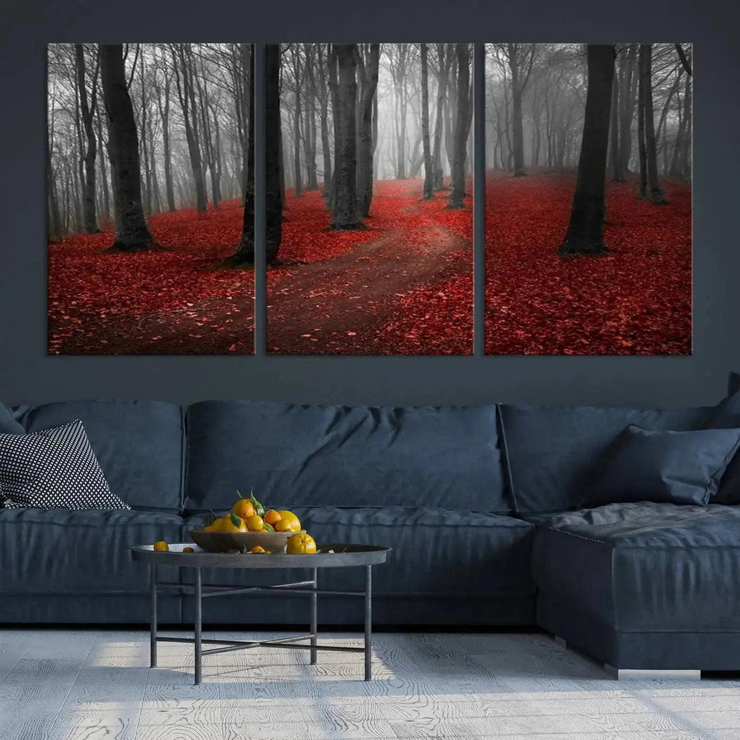 Wonderful Forest with Red Leaves on Ground Large Wall Art Landscape Canvas Print