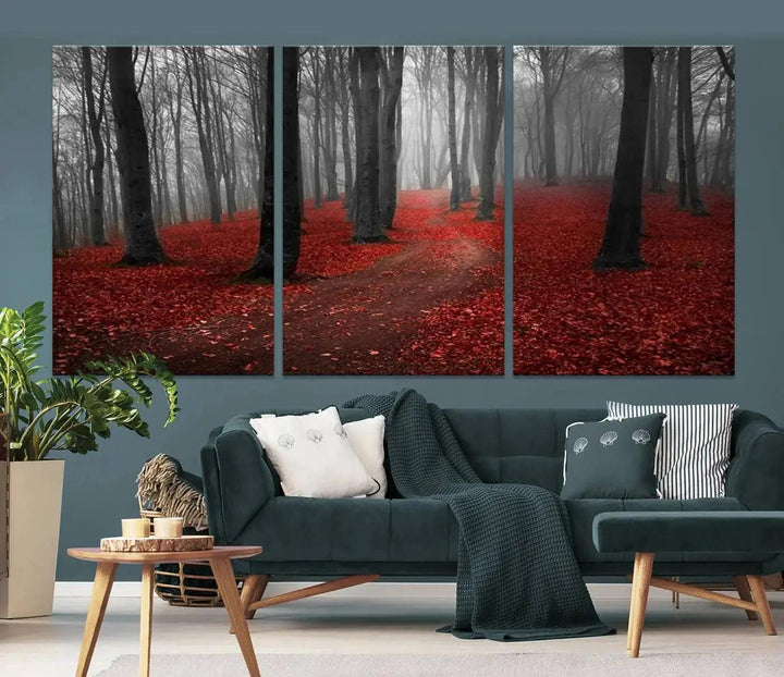 Wonderful Forest with Red Leaves on Ground Large Wall Art Landscape Canvas Print