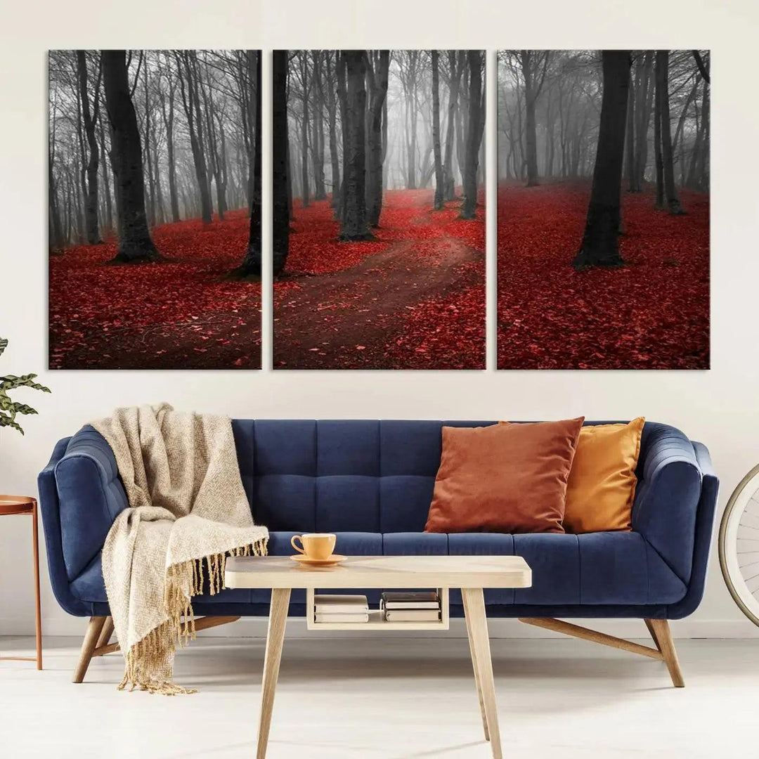 Wonderful Forest with Red Leaves on Ground Large Wall Art Landscape Canvas Print