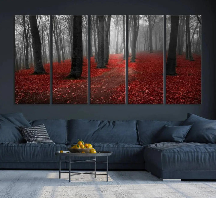 Wonderful Forest with Red Leaves on Ground Large Wall Art Landscape Canvas Print