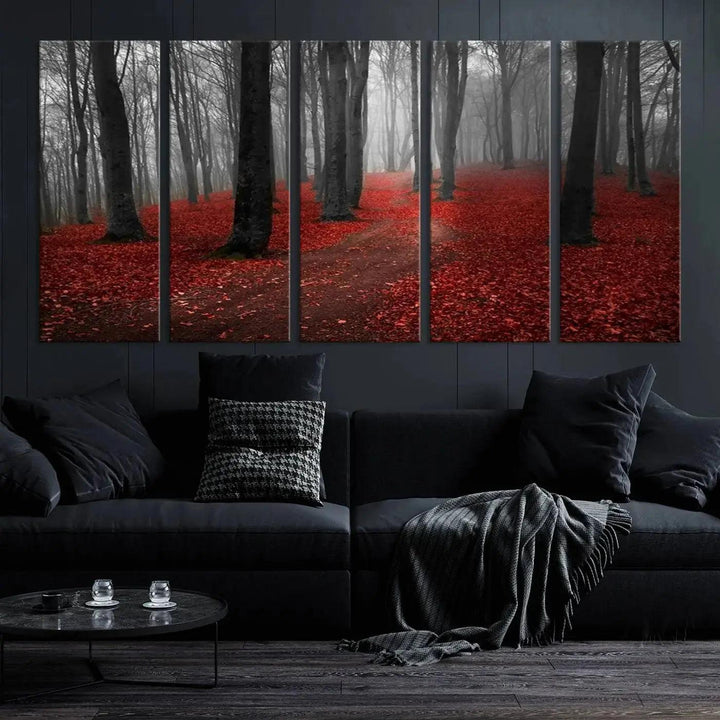 Wonderful Forest with Red Leaves on Ground Large Wall Art Landscape Canvas Print