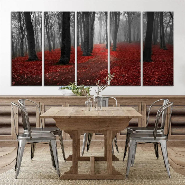 Wonderful Forest with Red Leaves on Ground Large Wall Art Landscape Canvas Print