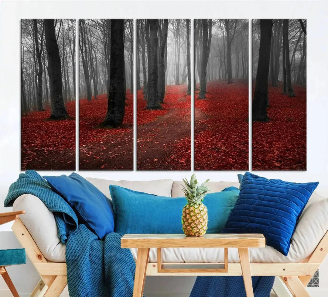 Wonderful Forest with Red Leaves on Ground Large Wall Art Landscape Canvas Print