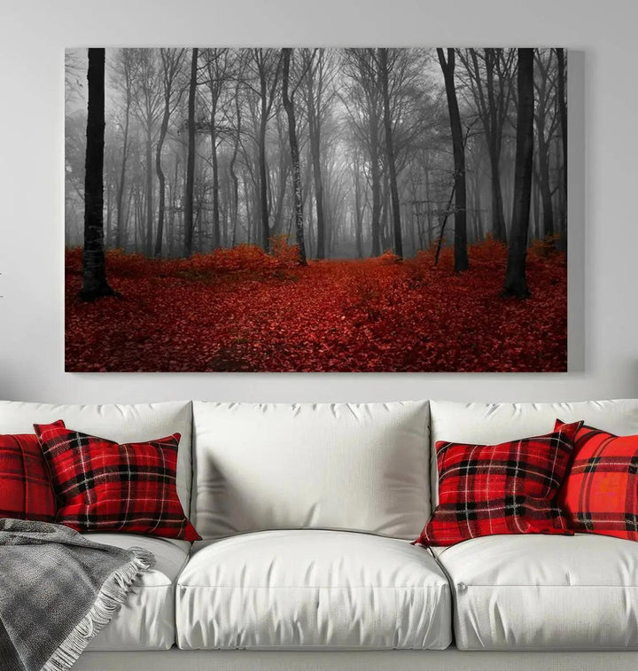 Wonderful Forest with Red Leaves on Ground Large Wall Art Landscape Canvas Print