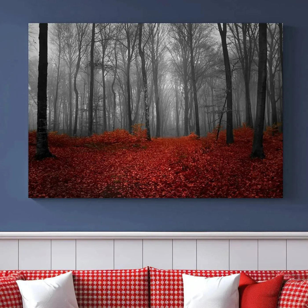 Wonderful Forest with Red Leaves on Ground Large Wall Art Landscape Canvas Print