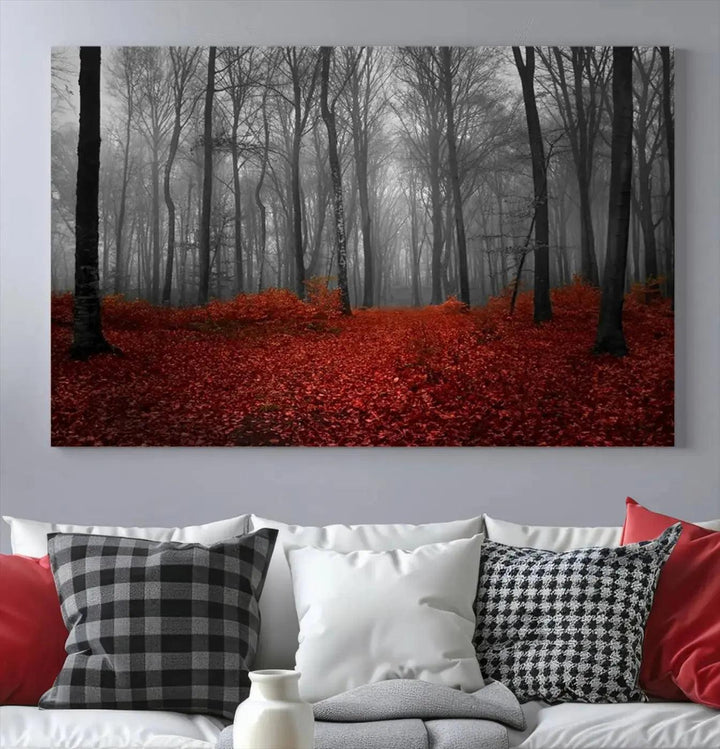 Wonderful Forest with Red Leaves on Ground Large Wall Art Landscape Canvas Print