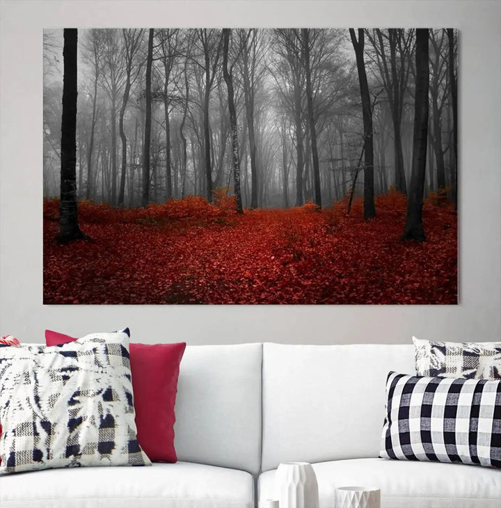 Wonderful Forest with Red Leaves on Ground Large Wall Art Landscape Canvas Print